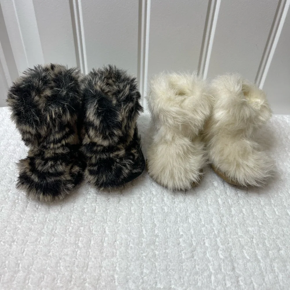 2 PAIR Stuart Weitzman Fluffy Baby Booties in Cream size 1 & Animal print size 2